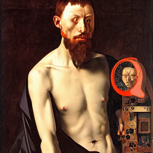 Image similar to a portrait of cyborg king connected to a man-machine interface by Caravaggio, renaissance style