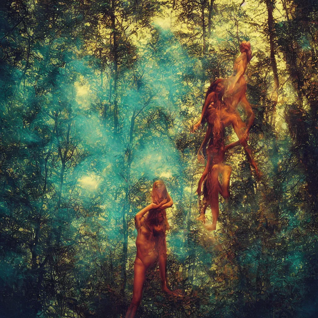 Prompt: a dmt trip, photorealistic, dramatic, low - angle shot, 1 2 0 mm film, medium format, rolleiflex, ektachrome, studio lighting, mystical, paranormal, shot by ryan mcginley