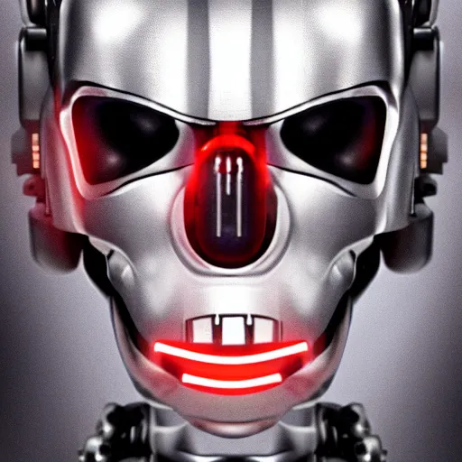 Prompt: portrait of a menacing evil villain robot, glowing dark red eyes, metal teeth, striking, Terminator, Ultron, sci-fi, facial features, skull shape, circuitry, C-3PO