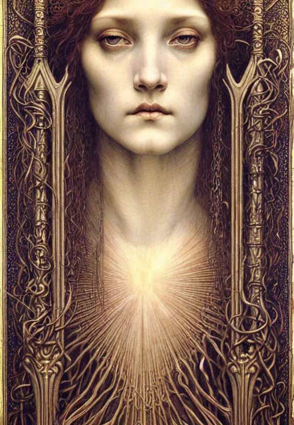 Image similar to detailed realistic beautiful young medieval queen face portrait by jean delville, gustave dore and marco mazzoni, art nouveau, symbolist, visionary, gothic, pre - raphaelite. horizontal symmetry