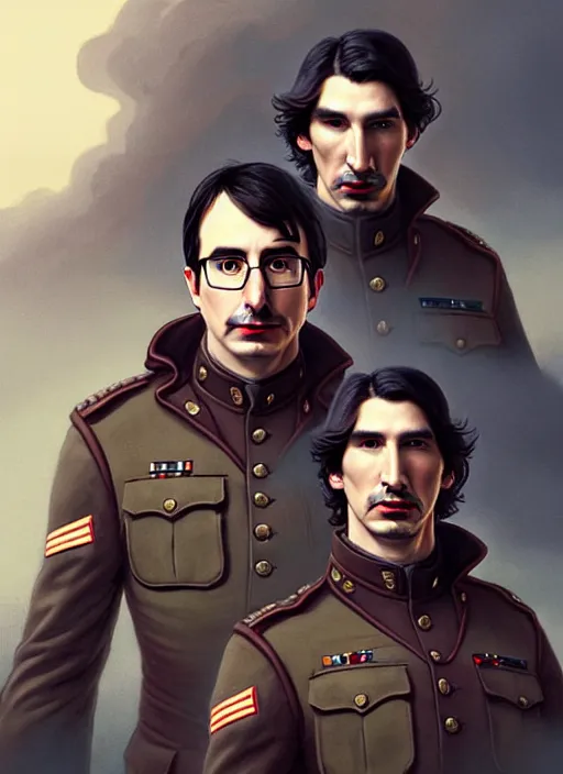 Image similar to a portrait of john oliver and adam driver posing together back to back, stoic, military uniform, fantasy, centered, dark background, smokey atmosphere, foggy atmosphere, art by artgerm and greg rutkowski and alphonse mucha