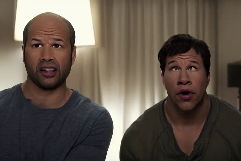 Image similar to key and peele as mark wahlberg and matt daemon, all faces are distorted contorted, shock, repulsion, disgust, frustration, annoyance, laughter, smirk, snicker, cinematic still, movie still, long lens, shallow depth of field, bokeh, anamorphic lens flare, 8 k