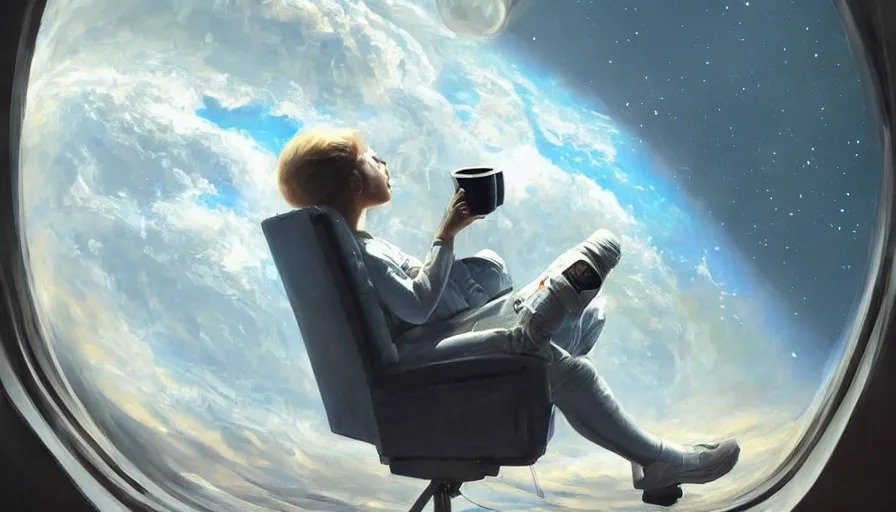 Image similar to beautiful painting of astronaut sitting in sofa with cup of coffee looking at far earth, wide shot, digital painting, intricate details, trending on artstation, concept art, octane render, realistic, highly detailed, smooth, sharp focus, beautiful, 4 k, 8 k, hd, art by charlie bowater and artgerm and greg rutkowski