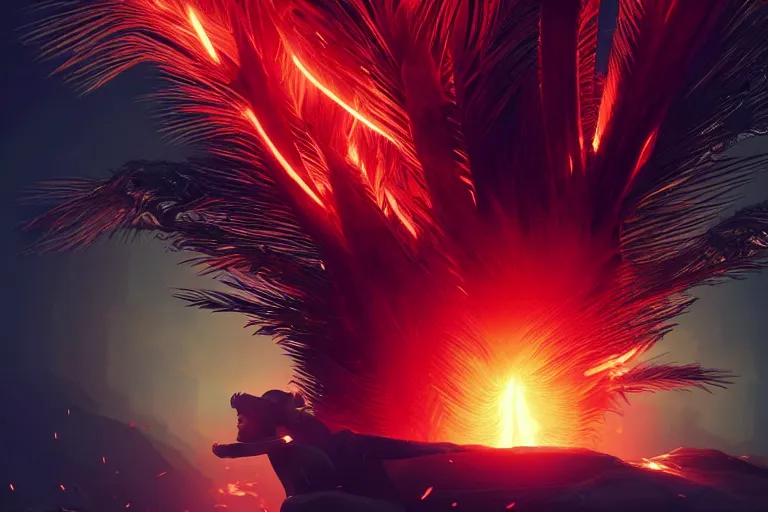 Image similar to 4K hyper detailed portrait of a Fiery Palm tree igniting a black background, sending flickering aesthetic firefly ashes towards viewer by Makoto Shinkai, by Artgerm, by beeple, by Greg Rutkowski, volumetric lighting, octane render, 4K resolution, trending on artstation, masterpiece