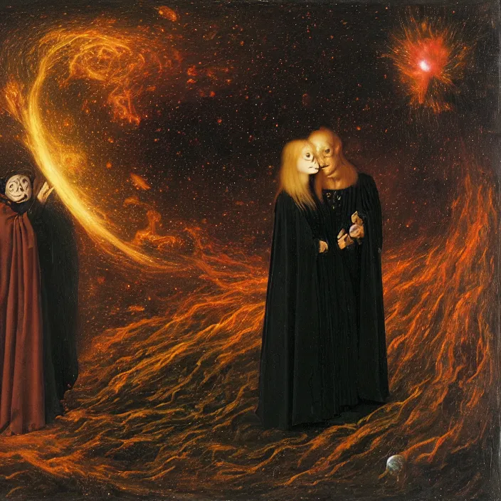 Prompt: a goblin monster and a woman in a black cloak, in a nebula, by Jan van Eyck