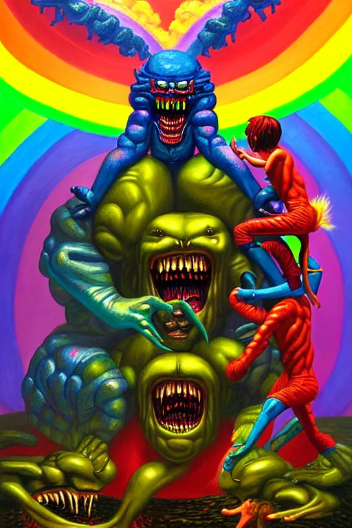 Image similar to a hyperrealistic painting of a boss fight against evil rainbow bright, cinematic horror by chris cunningham, lisa frank, richard corben, highly detailed, vivid color,