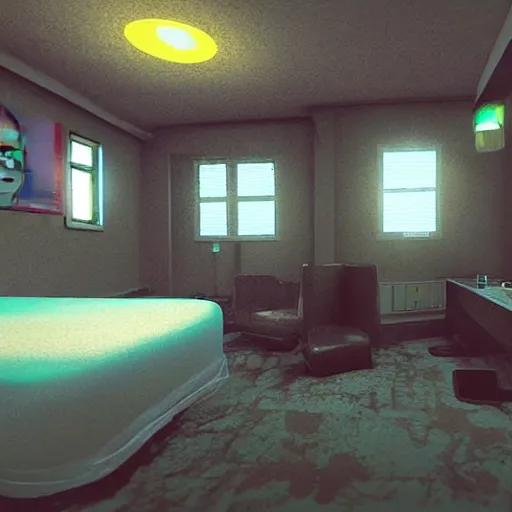 Image similar to run down cyberpunk motel room