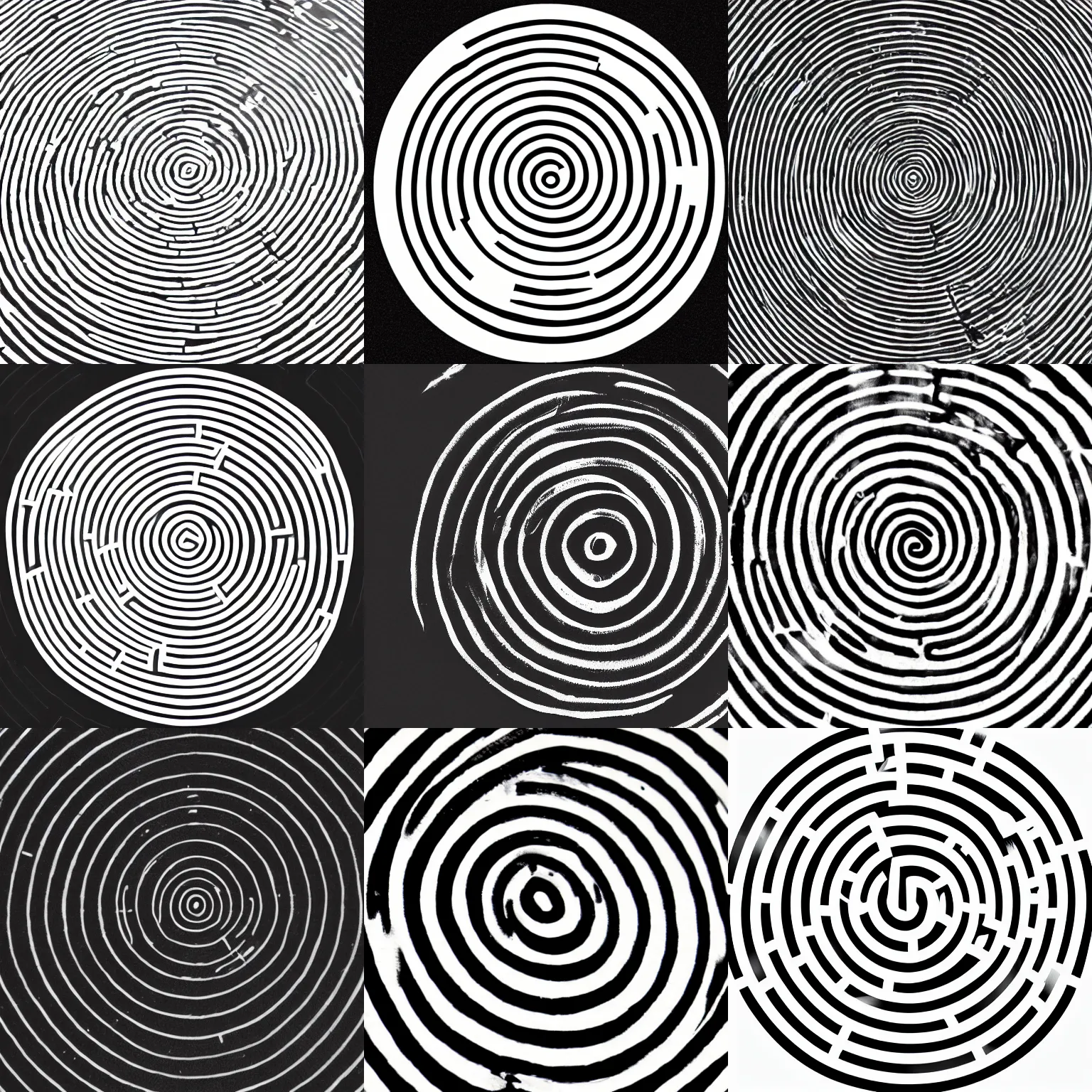 Prompt: a circular labyrinth stamped in black ink centered on off white paper space around it