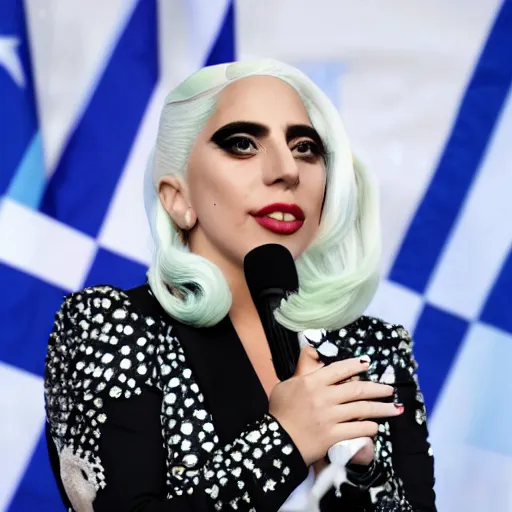 Image similar to Lady Gaga president of Argentina, Argentina flag behind, bokeh, detailed, hd, waving hands