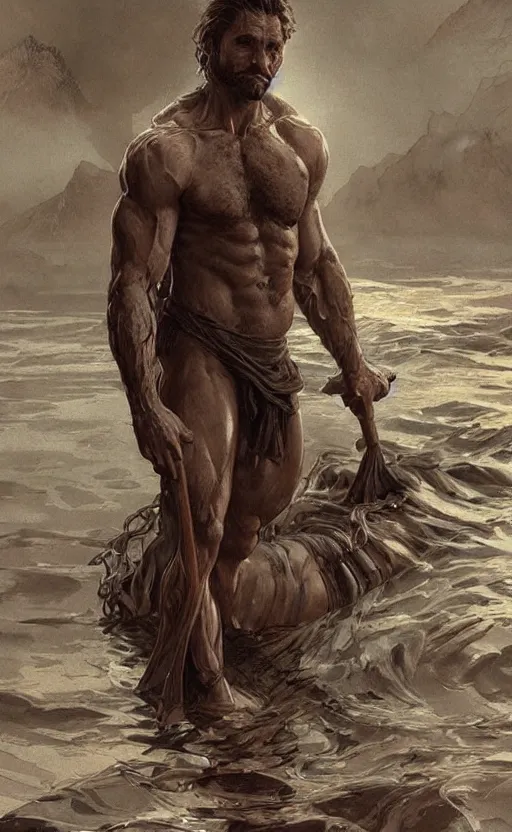 Image similar to the god of the lake, 30 years old, rugged, long hair, male, gorgeous, detailed face, amazing, thighs!!!!!!, muscular, intricate, highly detailed, digital painting, artstation, concept art, sharp focus, illustration, art by greg rutkowski and alphonse mucha