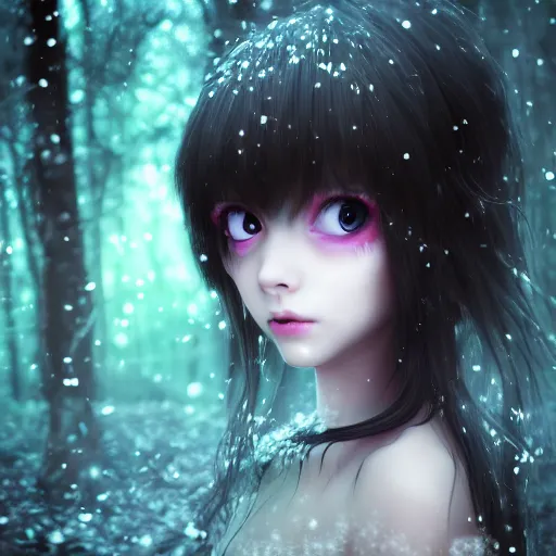 Prompt: focus face portrait of beautiful darkness witch 3D anime girl, dark forest background, snowing, bokeh, inspired by Tim Burton, digital painting, unreal engine render, volumetric light, high détail