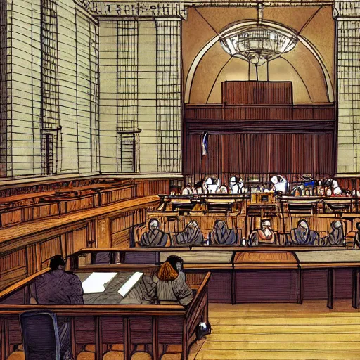 Image similar to Digital art about a huge courtroom with lots of people. The defendant and the accused are on a floating platform. Fantastic detail, astonishing composition, award winning.