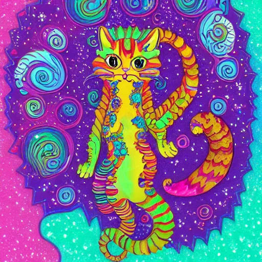 Image similar to cat seahorse shapeshifter, long haired humanoid fursona, detailed painterly digital art by lisa frank and louis wain, furaffinity, trending on deviantart