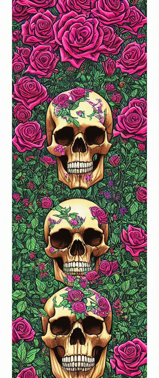 Prompt: ortographic view of a large skull and psychedelic roses with a forest background by Jen Bartel and Dan Mumford and Satoshi Kon, gouache illustration