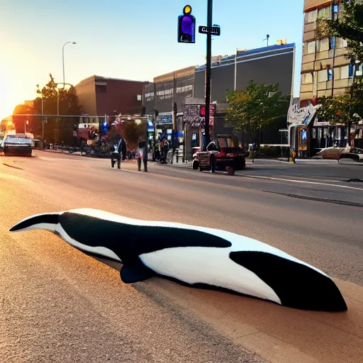 Prompt: photo of an enormous full sized needle - felted killer whale crossing a busy street golden hour