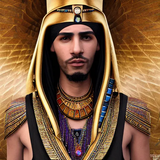 Image similar to a man in egyptian clothing wearing rings and jewlery on his neck, 8k resolution, serene, photorealistic, digital art, hyperdetailed, Unreal Engine, dynamic lighting, ultra detailed, trending on art station, concept art, stunning visuals, extreme detail