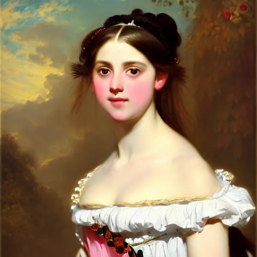 Image similar to portrait of a german teenage princess, circa 1 8 5 0 by franz xaver winterhalter, highly detailed, beautiful, oil on canvas, 1 8 5 0 s, romanticism