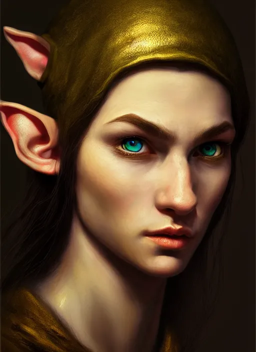 Prompt: portrait of an elf thief, detailed realism face in painting, detailed beautiful portrait, oil painting masterpiece, 8 k resolution, smooth, sharp focus, trending on artstation, by rembrandt