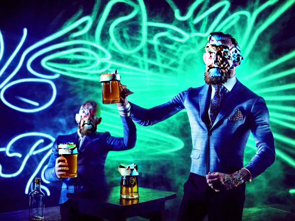 Image similar to a well framed portrait of conor mcgregor drinking a beer in an irish pub with a neon bar, laser show with blue cloud patterns, trending on art station, in the style of the movie heat with al pacino, volumetric lighting & shadows, digital art, unreal engine, 4 0 0 mm f 1. 2,