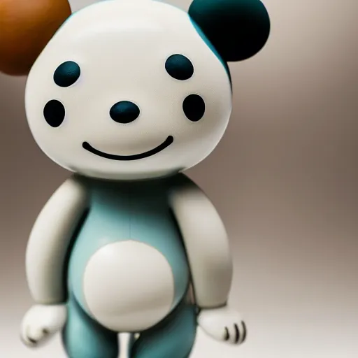 Image similar to high definition product shot of an off - white cheburashka porcelain figurine | visible cracks | reflections | 4 k | uhd | inspired by kaws | inspired by jeff koons