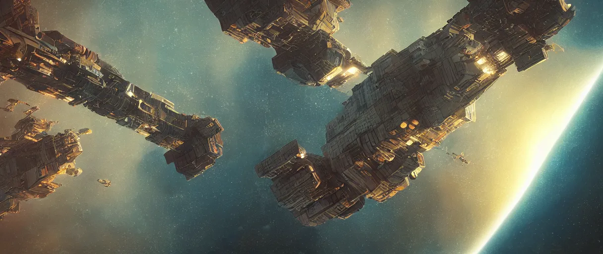 Image similar to concept art, a single spaceship, a ship drifting, deep space exploration, the expanse tv series, industrial design, dynamic angle, spatial phenomena, cinematic lighting, 4k, greebles, widescreen, wide angle, beksinski, sharp and blocky shapes