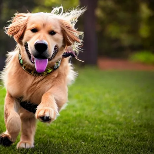 Prompt: a golden retriever running away with the infinity gauntlet in its mouth