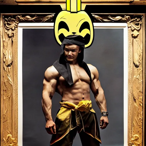 Image similar to muscular man dressed up as Mortal Kombat pikachu art photo by Annie Liebovitz and Alphonse Mucha