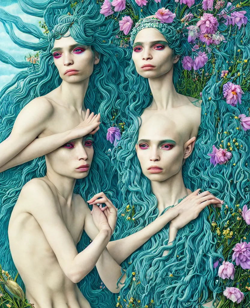 Prompt: 1 figure!!!!!!, the non-binary deity of Spring, resembling a mix of Grimes, Aurora Aksnes, and Zoë Kravitz, in a style blend of Botticelli, Möbius and Æon Flux, the figure is made out of spring flora and fauna, surrealism, stunningly detailed artwork, hyper photorealistic 4K, stunning gradient colors, very fine inking lines