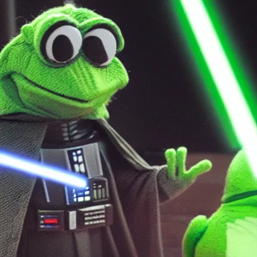 Image similar to Darth Vader battles Kermit the Frog in a Lightsaber duel, cinematic, 8k