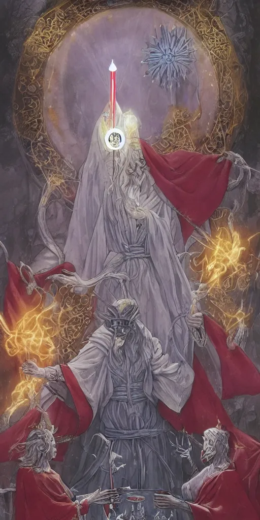 Prompt: tarot card of Magician white robe purity, red cloak, knowledge, table in front with a cup, pentacle, sword and wand – water, earth, air and fire, unlimited potential, flowers, fruition of ideas by framk frazzeta, brom, luis royo, Zdzisław Beksiński and thu berchs James Gurney unreal engine, Trending on artstation.