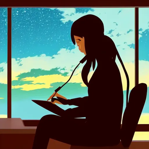 Image similar to a side view of a girl sitting on her desktop writing something, headphones on, hand on her chin, digital art, anime, studio ghibli style, window and city background,