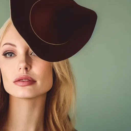 Prompt: portrait of 2 3 - year - old woman with angle lost profile looking away, happy women, cinematic colors, medium yellow blond hair, brown hat, hair comes out of the hat a little, caracter look like angelina jolie