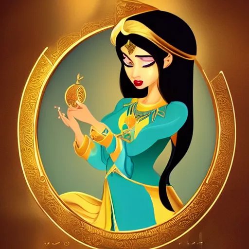 Prompt: aesthetic!!!!!! Female genie in Arabic clothing, olive skin, long black hair, gold tint, cinematic lighting, detailed, intricate, award winning