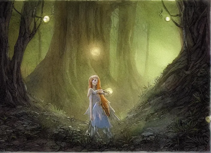 Prompt: young elf girl singing in the forest with fairy lights, light ground fog, river, detailed fantasy watercolor comic style, subtle colors, by alan lee and tony sart