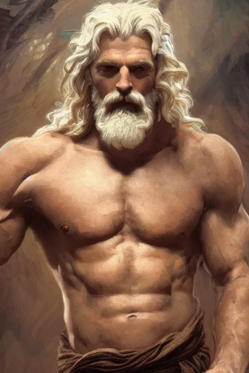 Prompt: painted portrait of rugged zeus, god of thunder, greek god, white hair, masculine, mature, handsome, upper body, muscular, gold, hairy torso, fantasy, intricate, elegant, highly detailed, digital painting, artstation, concept art, smooth, sharp focus, illustration, art by gaston bussiere and alphonse mucha