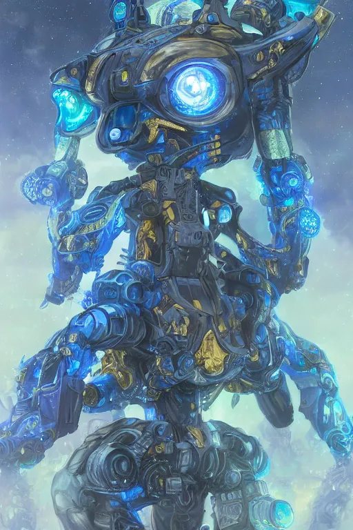 Image similar to a Portrait of a mythical space organic mech, D&D, sci-fi fantasy, intricate, blue and gold, highly detailed , art by Range Murata, rim lighting, highly detailed, 3d, octane render, bright colors, digital painting, trending on artstation, sharp focus, illustration style of Stanley Artgerm,