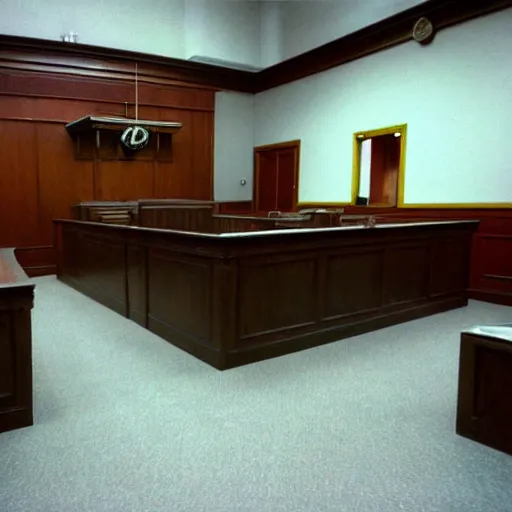 Image similar to jerma 9 8 5, still image of jerma 9 8 5 on trial, courtroom photo, courtroom interior background,