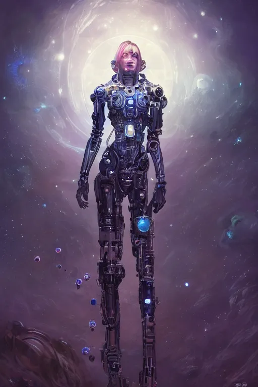 Prompt: a cyborg researcher with exploring space flowers by artgerm and wlop and scott fischer and seb mckinnon, digital art, highly detailed, fireflies, intricate, fantasy, mystical, sharp focus, Trending on Artstation HQ, deviantart, unreal engine 5, 4K UHD image