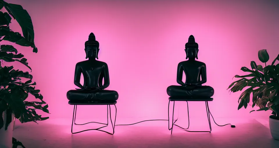 Image similar to Large format landscape of a black buddha sitting on a plastic chair, in a white exhibition space next to a neon pink light and a tropical plant, medium format camera, 85mm f1.8, bokeh, sharp focus, detailed, centered, interior design photoshoot,