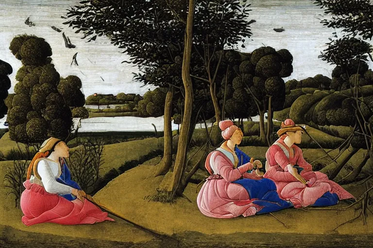 Prompt: two woman net fishing at the river bank on a spring day, sandro botticelli