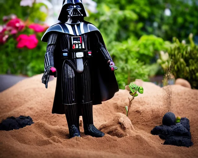 Image similar to 8 5 mm photography of darth vader playing with toys near a garden with sand with dof and bokeh and flowers