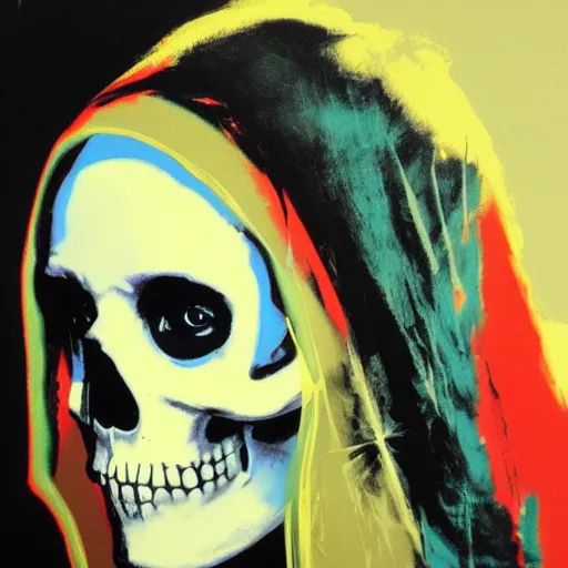 Image similar to painting of the virgin mary skull face by greg rutkowski and andy warhol