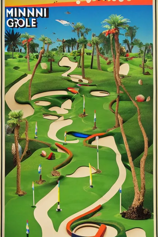 Prompt: poster for mini golf course in a museum