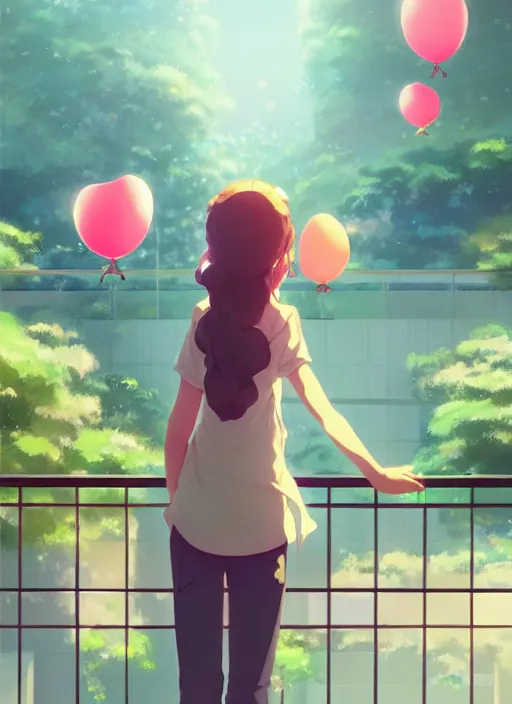 Image similar to girl stand on the a balcony where plants and flowers all around, she is watching a lot of balloons flying over, illustration concept art anime key visual trending pixiv fanbox by wlop and greg rutkowski and makoto shinkai and studio ghibli