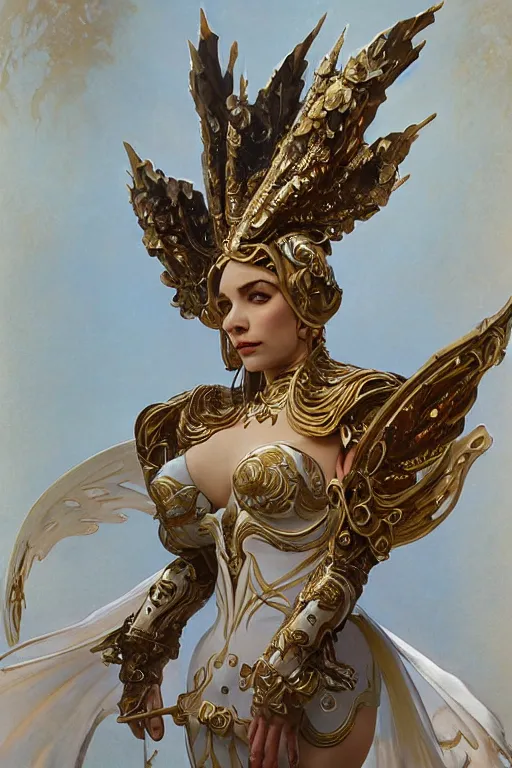 Image similar to full body portrait of a queen wearing white armor with ornate bronze and gold, white gossamer wings, art nouveau, profile, 4K, character concept art, oil painting, trending in artstation, cgsociety, by nekro, Alphonse Mucha, Artgerm, Greg Rutkowski and Craig Mullins