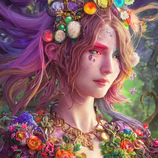 Prompt: the portrait of chaotic good female rainbow colorful druid botanist as absurdly beautiful, gorgeous, elegant, young gravure idol, an ultrafine hyperdetailed illustration by irakli nadar, james jean, intricate linework, sharp focus, bright colors, octopath traveler, unreal engine 5 highly rendered, global illumination, radiant light, detailed and intricate environment
