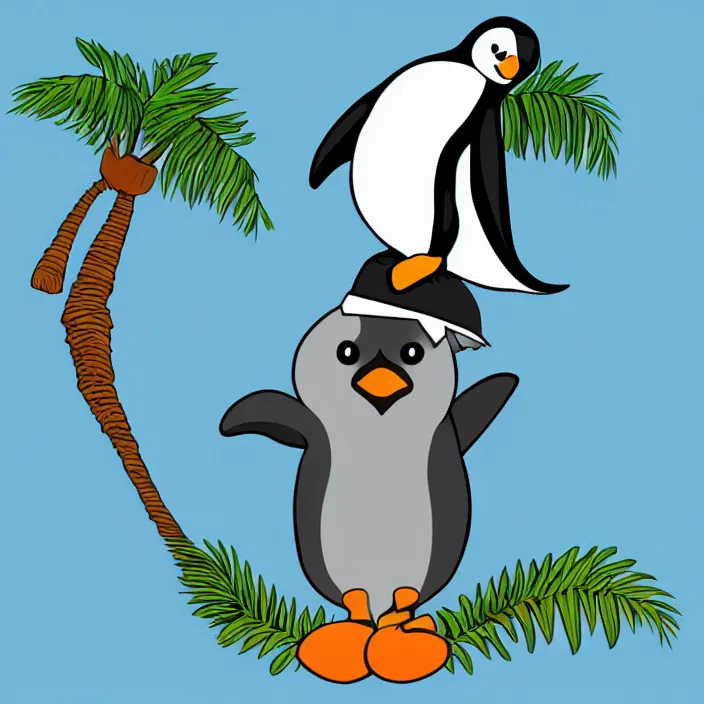 Prompt: penguin with a palm tree growing on its head, cartoon style