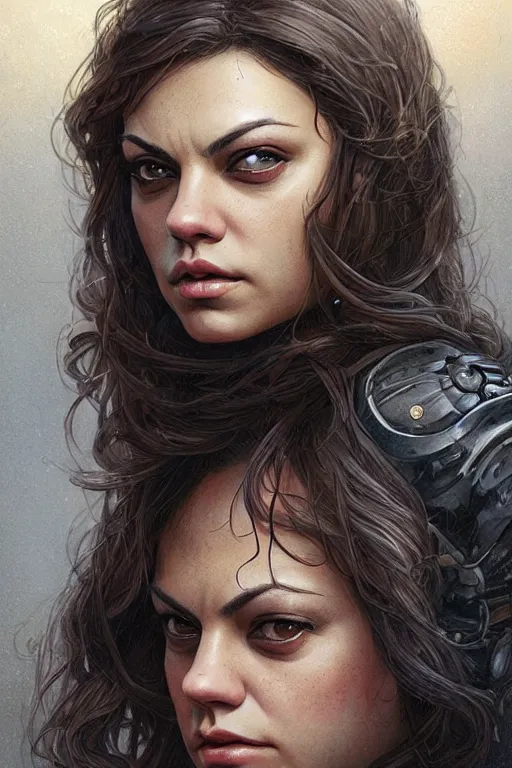 Image similar to tough Mila Kunis as a ruggedly handsome heroine, intricate, elegant, highly detailed, centered, artstation, concept art, smooth, sharp focus, illustration, bokeh art by artgerm and donato giancola and Joseph Christian Leyendecker, WLOP