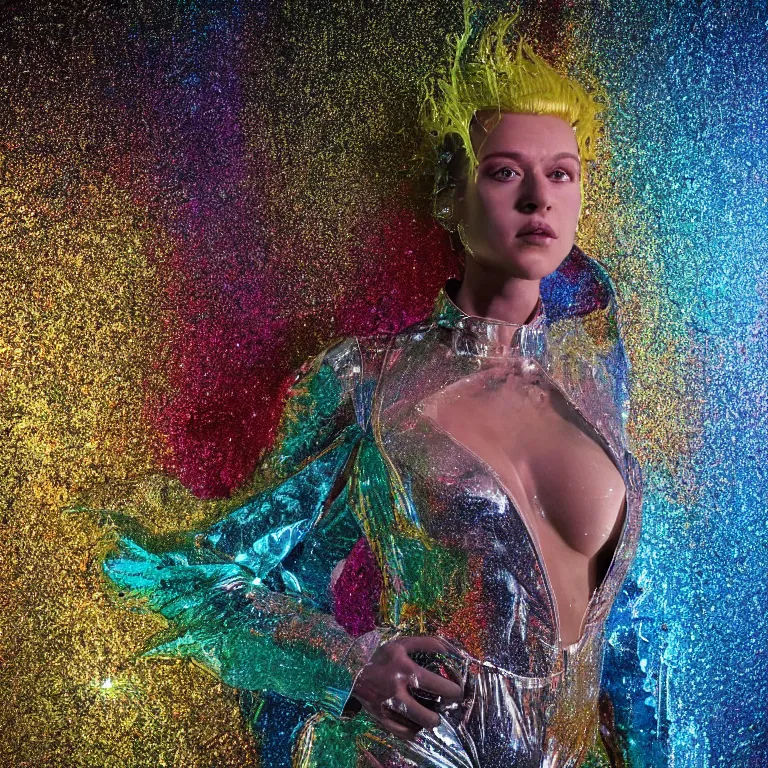 Image similar to octane render portrait by wayne barlow and carlo crivelli and glenn fabry, a woman wearing a giant inflated clear plastic suit full of colorful thick fluid containing glitter, inside an underground soviet dance club, fog and atmospheric lighting, cinema 4 d, ray traced lighting, very short depth of field, bokeh