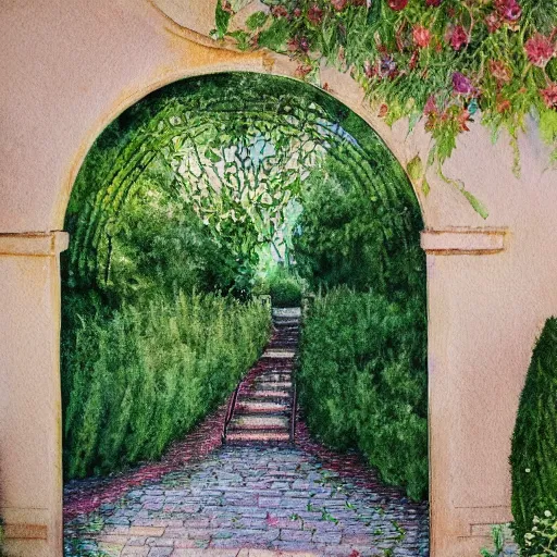 Prompt: delicate, chairs, garden, paved, botanic watercolors, iridescent, 8 k, realistic shaded, fine details, artstation, italian, iron gate, tree, mediterranean, hdr photography